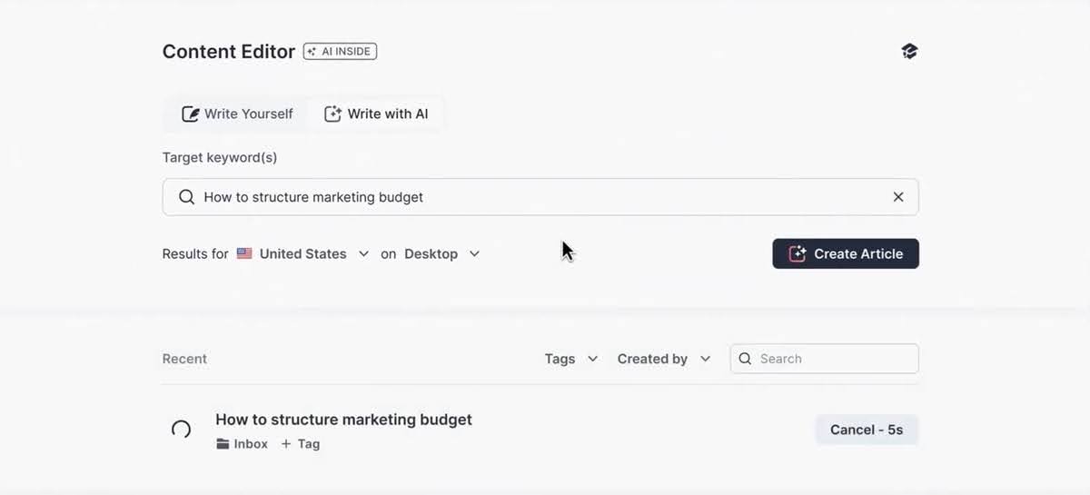 Surfer AI's interface for generating seo optimized content